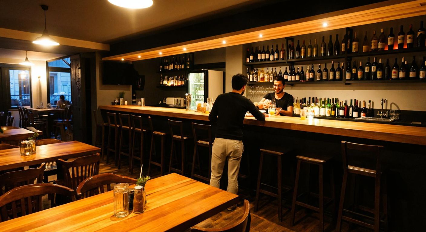 A cozy, dimly lit bar in Ankara with wooden tables, shelves lined with bottles of beer, wine, and cocktail ingredients, and a bartender pouring a drink for a smiling customer.