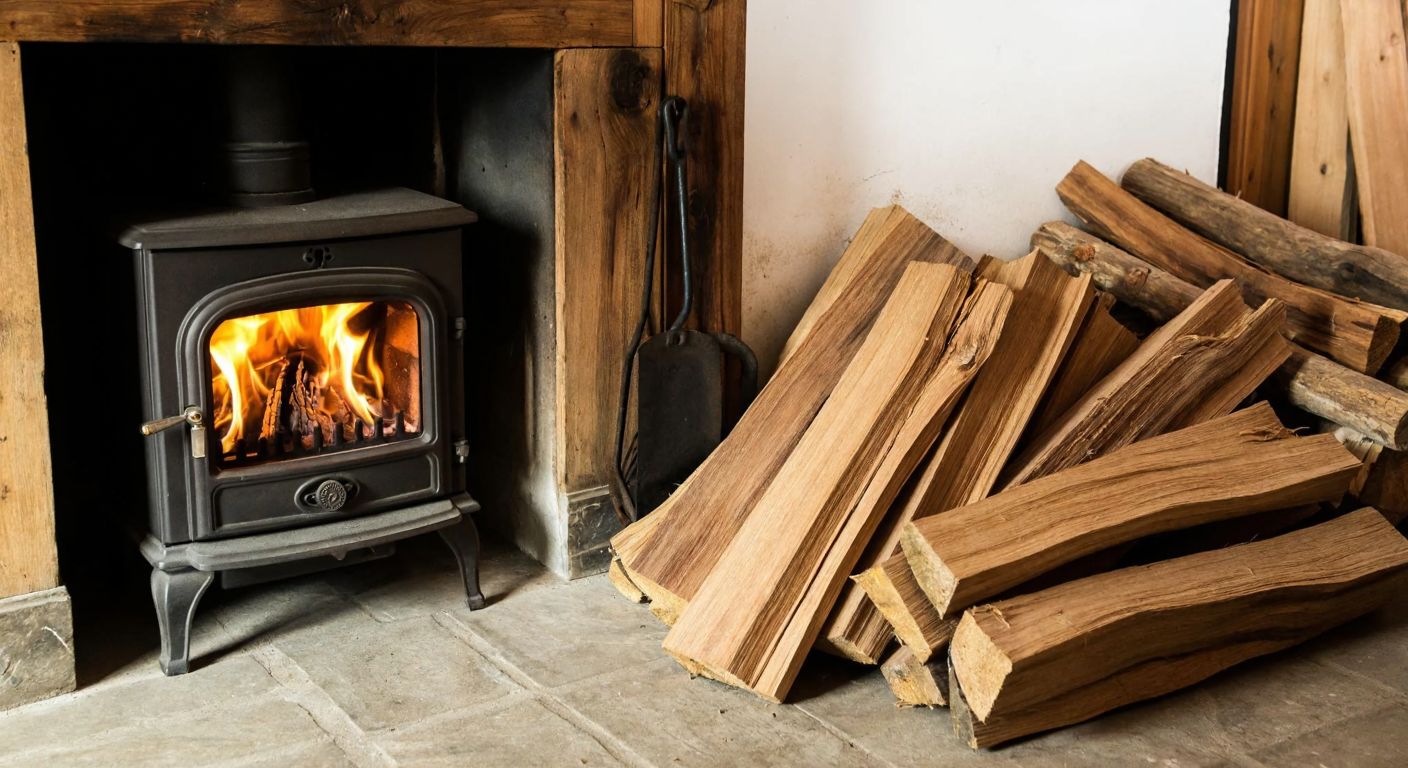 A rustic Turkish home with a cast-iron stove burning thick logs of oak and beech, while a pile of dry, sturdy hardwood planks sits nearby, ready to be used as fuel.
