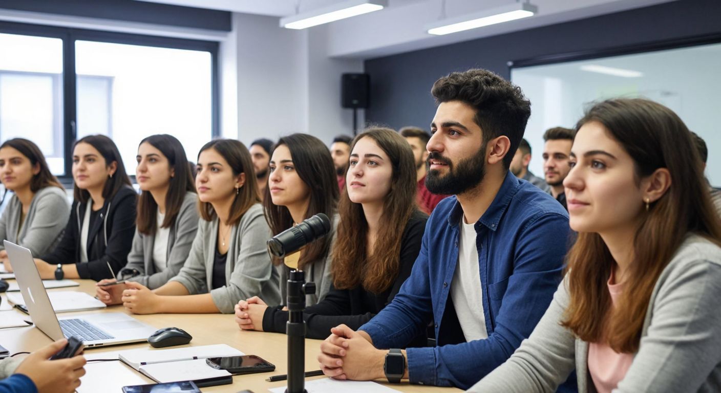 A diverse group of young professionals and students in a modern Turkish classroom, attentively watching a presenter demonstrating media production techniques with a camera and microphone, their faces lit with curiosity and ambition.
