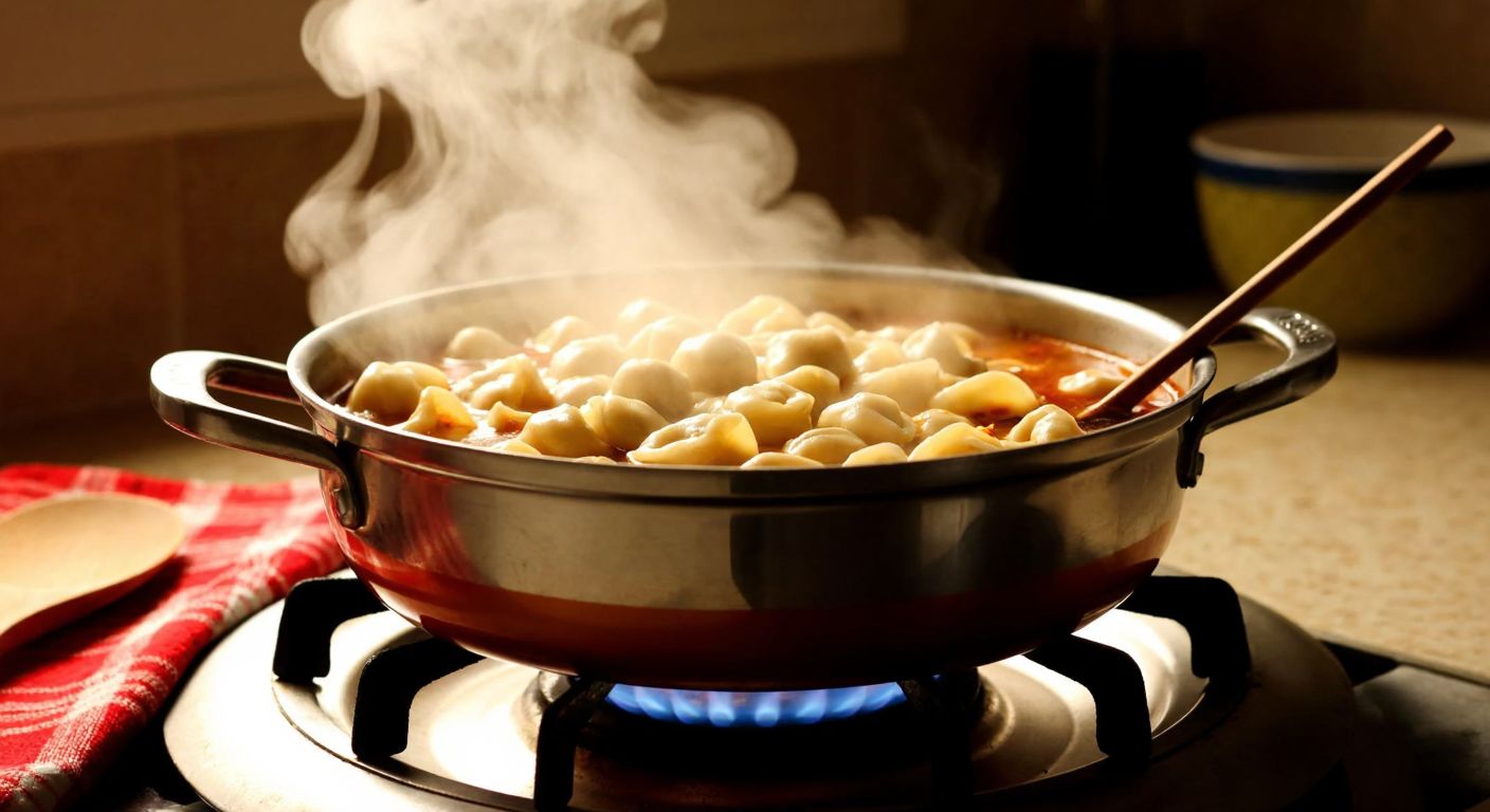 A steaming pot of Turkish mantı (dumplings) simmering on a low flame, with a wooden spoon resting beside it, in a cozy kitchen with warm lighting and a checkered cloth on the table.