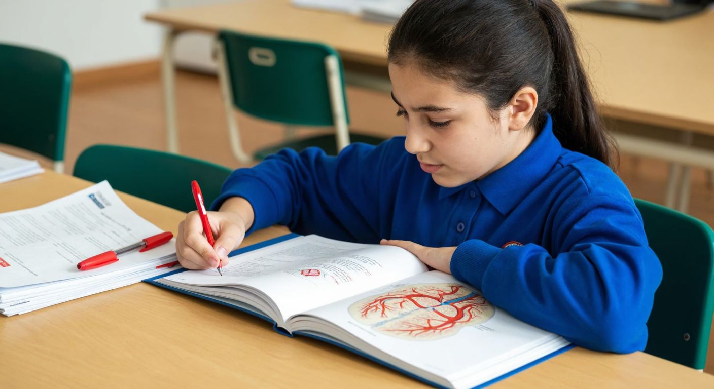 A Turkish middle school student in a blue uniform sits at a wooden desk, intently studying an open science textbook with a colorful diagram of the human circulatory system, while a stack of practice test papers with red pen marks rests beside them.