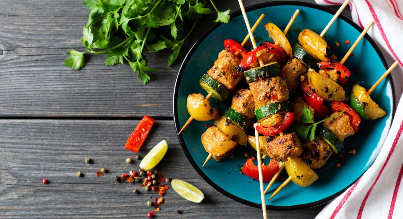 A vibrant plate of sizzling vegetable kebabs sprinkled with black pepper, thyme, and red pepper flakes, resting on a rustic wooden table with fresh herbs and sliced vegetables nearby.