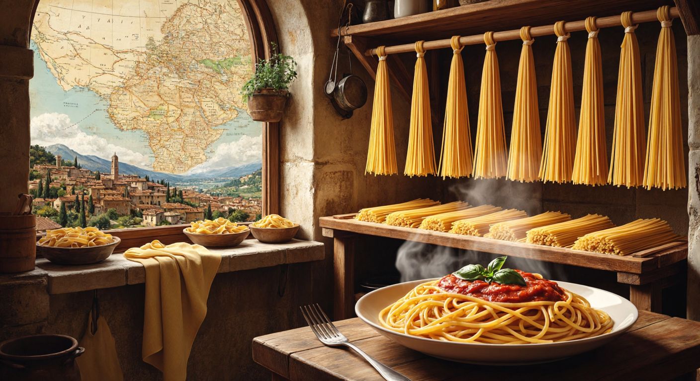 A rustic Italian kitchen with fresh pasta drying on wooden racks, a map of ancient trade routes faintly visible in the background, and a steaming plate of spaghetti with tomato sauce in the foreground.