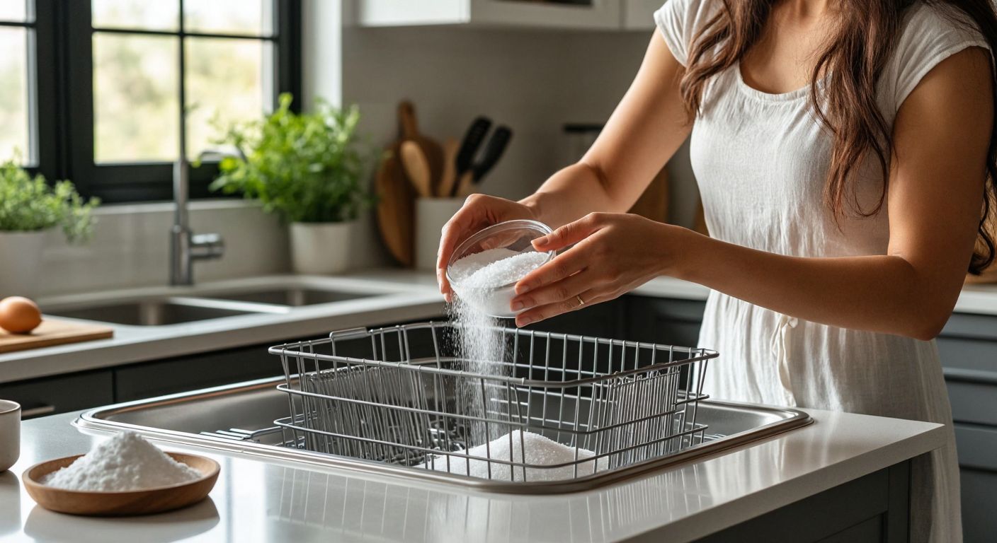A Turkish woman in a bright kitchen carefully sprinkling baking soda into the detergent compartment of a stainless steel dishwasher, with a small bowl of baking soda and a wooden spoon nearby.