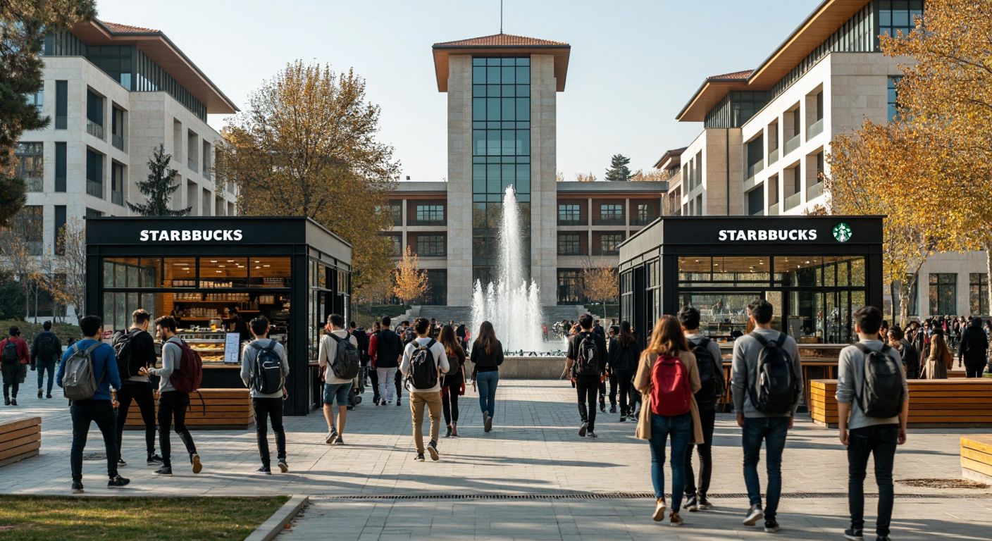 A bustling university campus in Istanbul with students carrying backpacks, chatting near two modern Starbucks cafes—one nestled among academic buildings in Davutpaşa Campus, the other by a lively sports complex with a fountain nearby.