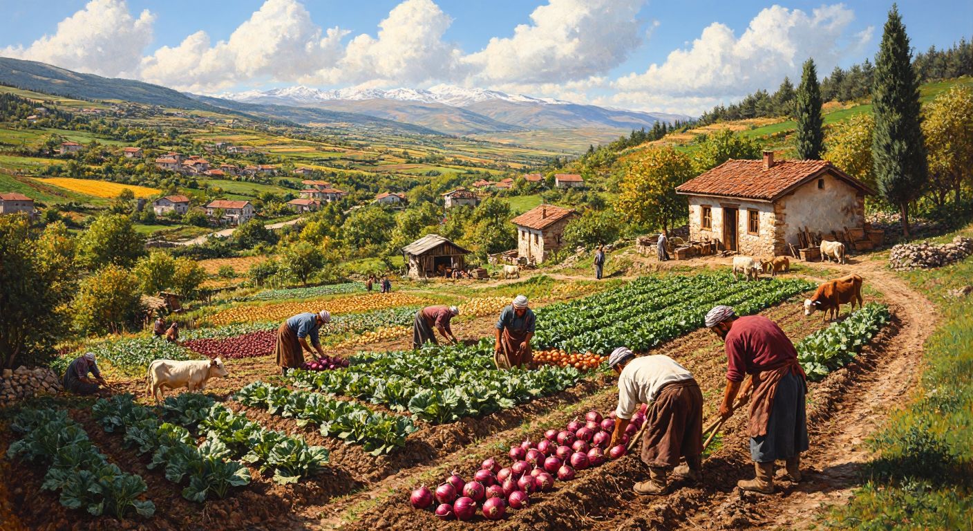A sunlit Turkish countryside scene with farmers tending to fields of sugar beets, potatoes, and onions, while livestock graze nearby, and a small woodworking workshop sits at the edge of the village.