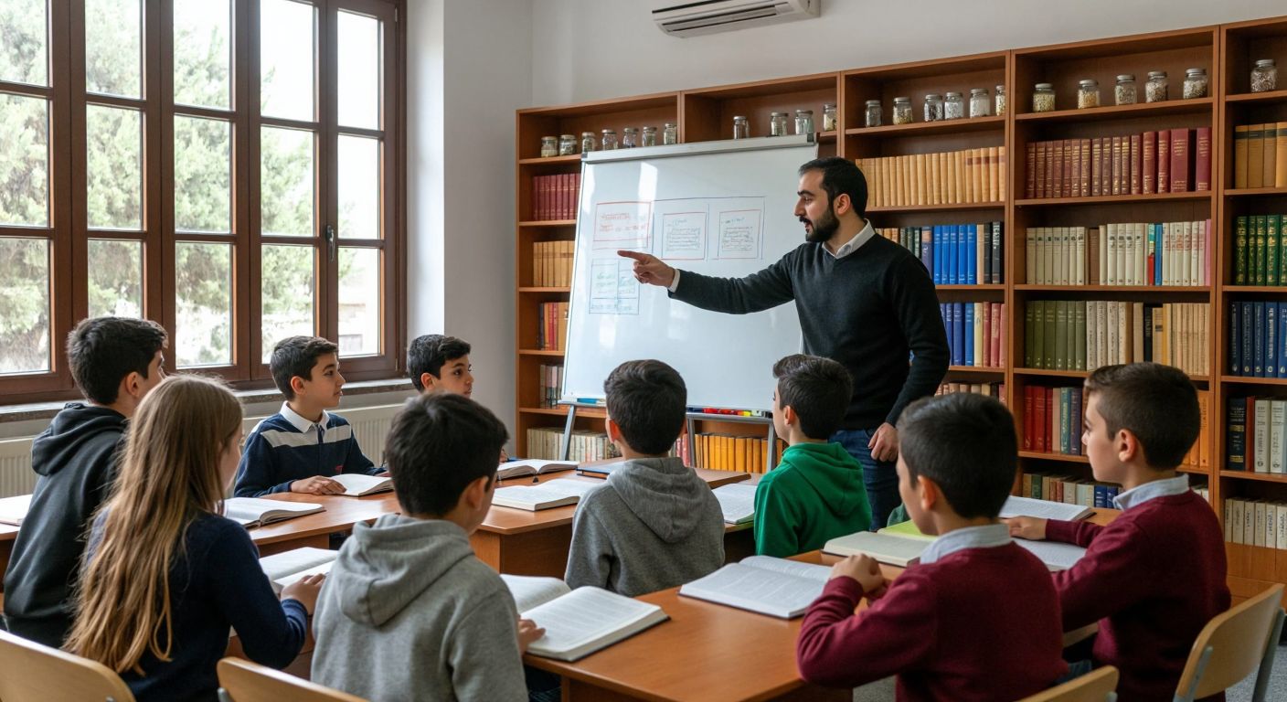 A group of diverse students in a Turkish classroom attentively studying religious texts, with shelves of Islamic books and a teacher pointing to a whiteboard displaying abstract educational concepts.