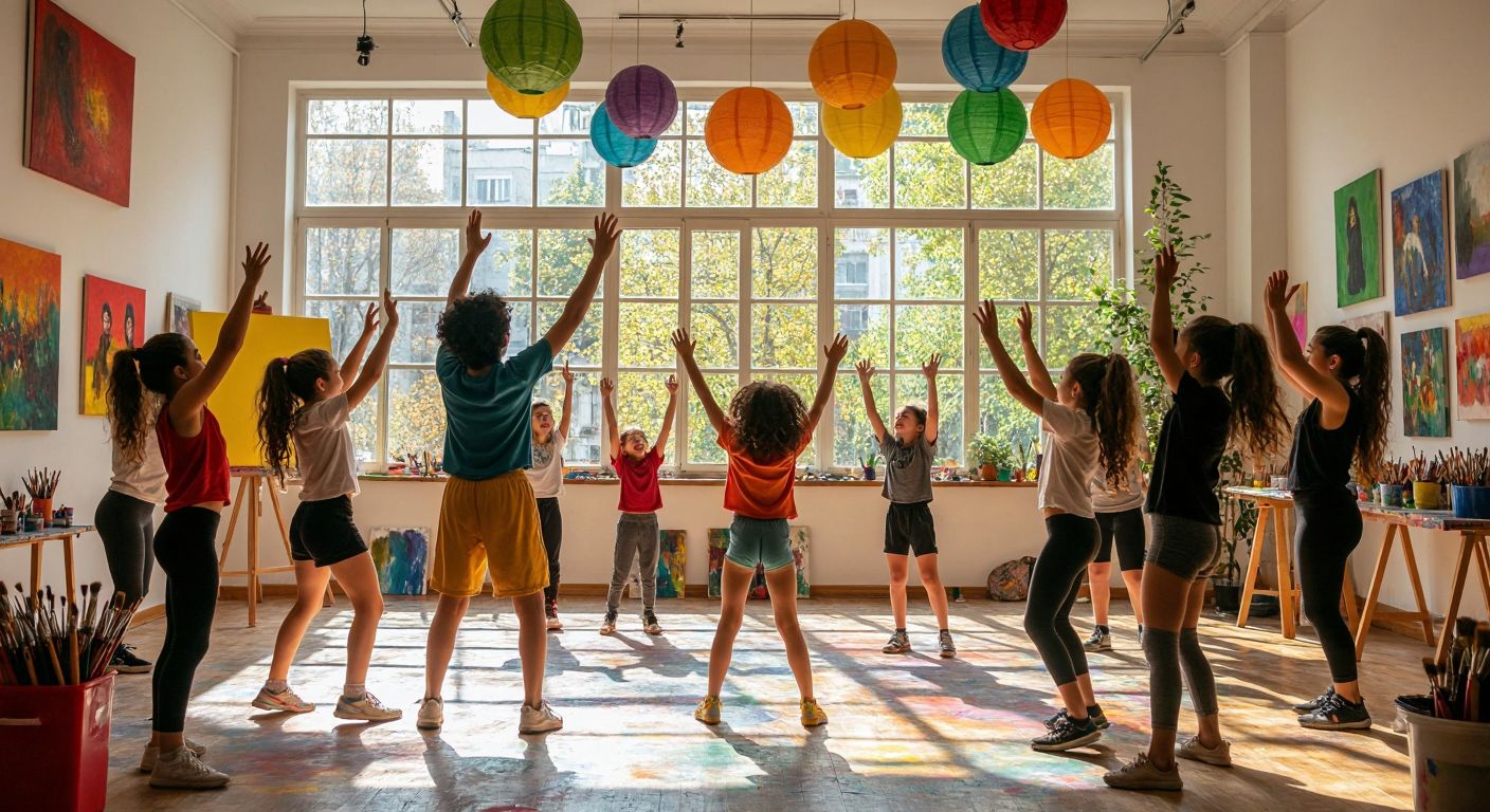 A vibrant Istanbul studio with diverse students of all ages engaged in creative drama exercises, painting, and dance, led by an enthusiastic instructor in a sunlit room filled with colorful props and art supplies.