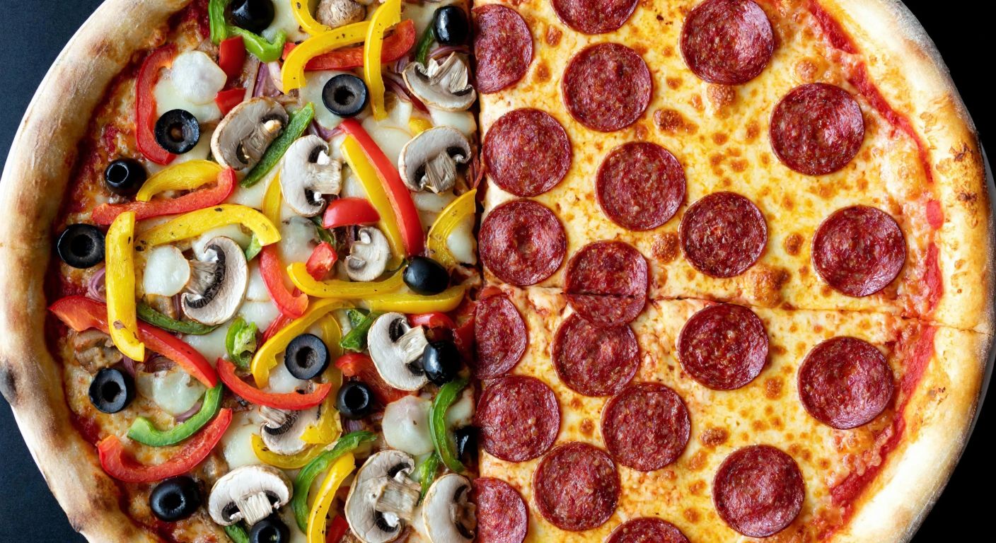A split-image of two pizzas: the left half topped with colorful vegetables like peppers, mushrooms, and olives, and the right half layered with slices of sausage, pepperoni, and minced meat, both on golden, bubbly crusts.