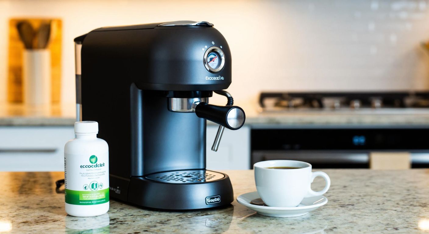 A sleek espresso machine with a small bottle of EcoDecalk beside it, placed on a Turkish kitchen counter with a warm cup of freshly brewed coffee nearby, evoking a sense of cleanliness and care.