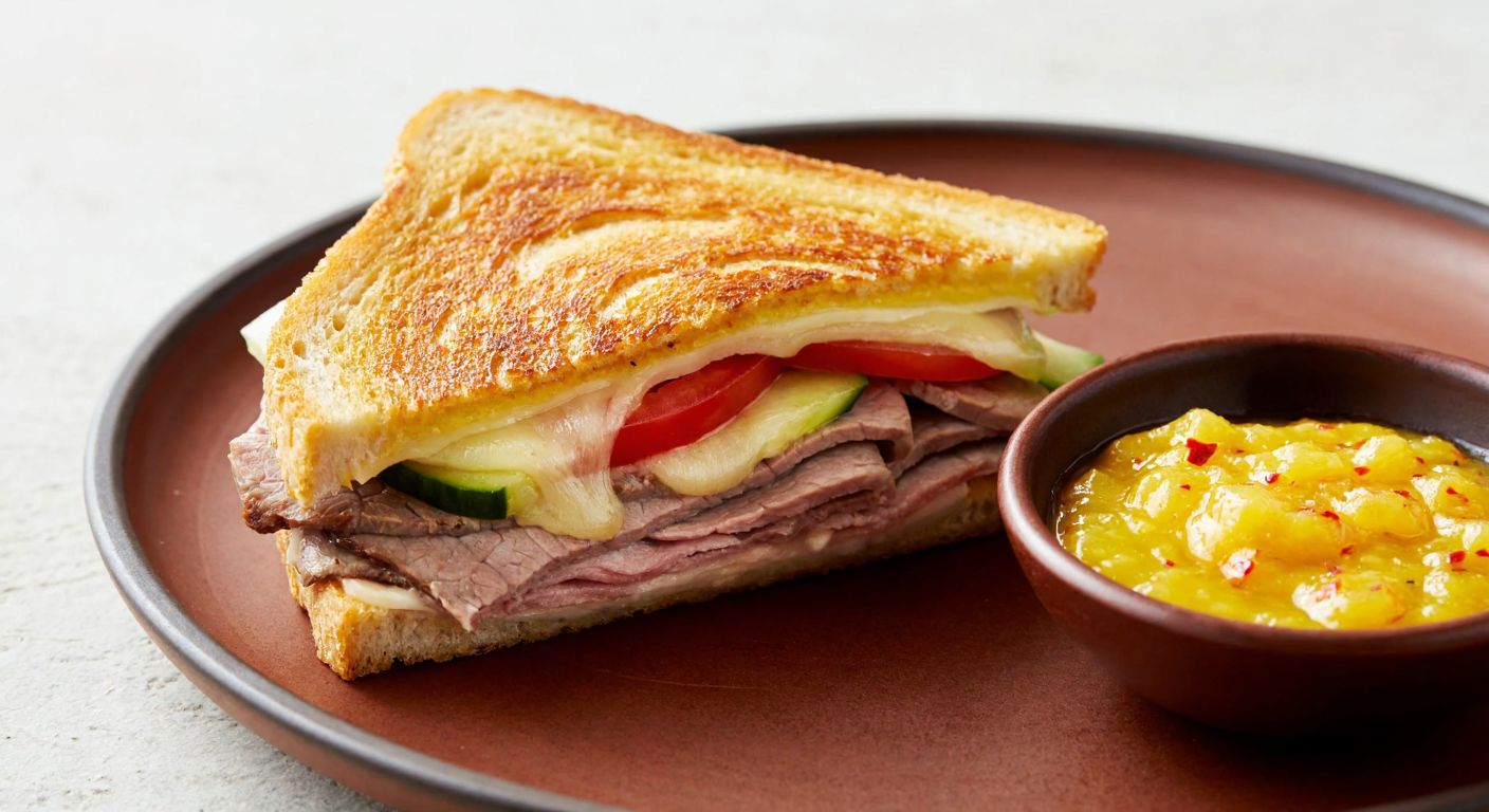 A golden-brown toasted sandwich oozing melted cheese, layered with thinly sliced beef tongue, fresh tomato, and cucumber, resting on a rustic wooden plate beside a small bowl of mango chutney.