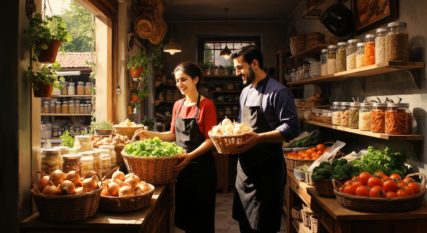 A warm, inviting Turkish kitchen scene with shelves stocked with various packaged soups, including onion soup, in a brightly lit local market, while a smiling shopkeeper assists a customer holding a shopping basket.