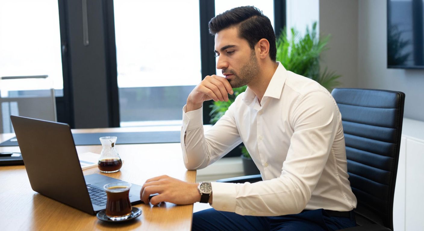 A Turkish businessman in a crisp white shirt and dark trousers sits at a wooden desk in a modern office, thoughtfully browsing a laptop screen displaying financial charts, with a steaming cup of Turkish coffee beside him.