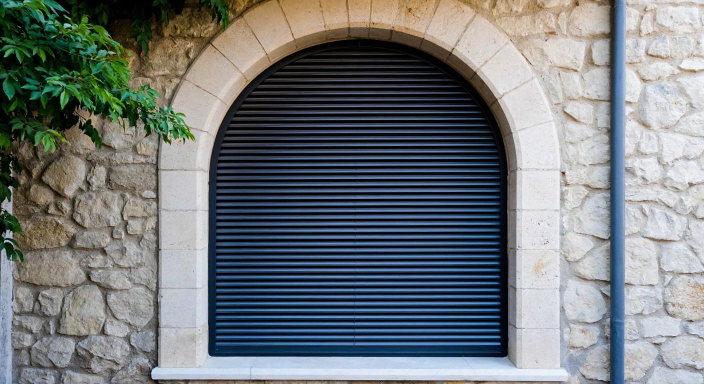 A sturdy, custom-made metal shutter securely covers a traditional Turkish home's arched window, shielding it from sunlight and rain while blending seamlessly with the stone facade.