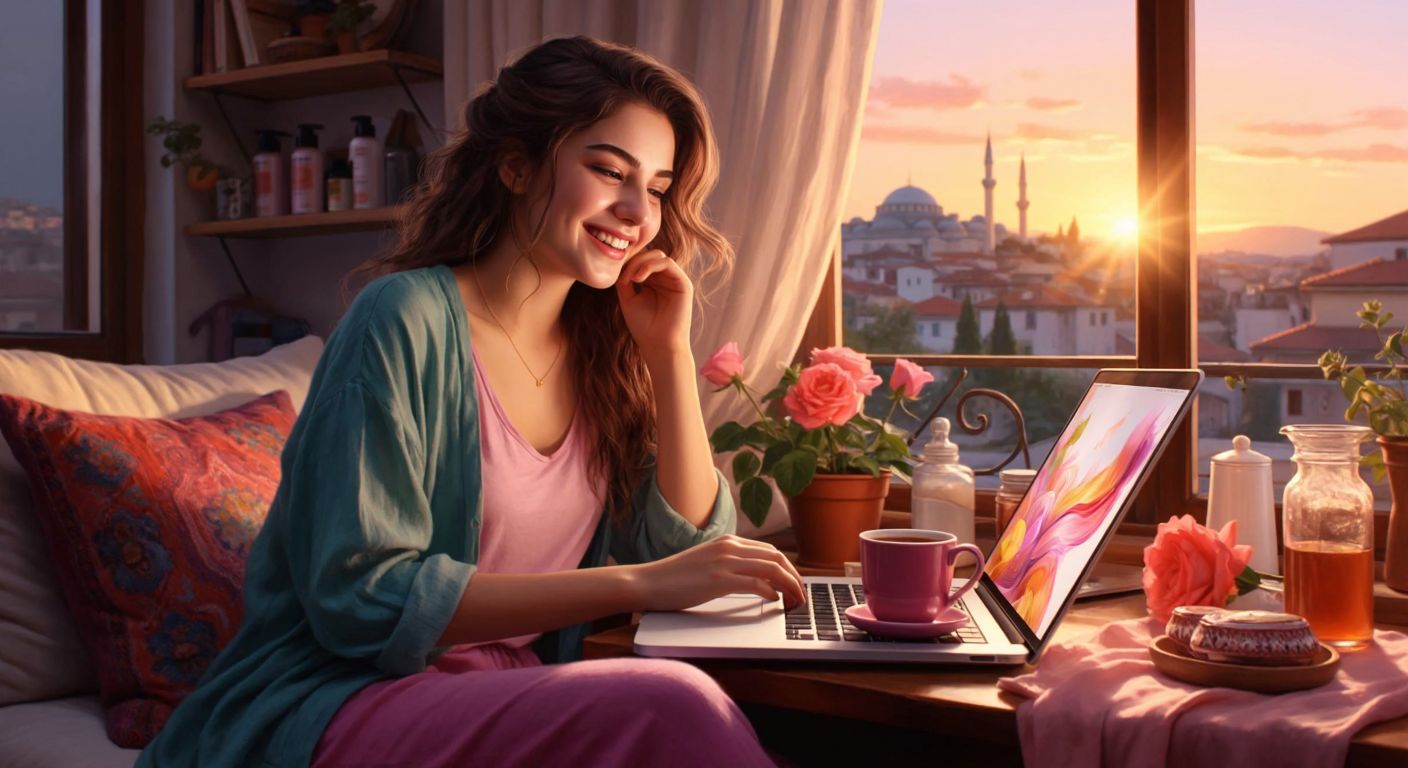 A young woman in Turkey smiles while browsing colorful cosmetics and beauty products on a laptop in a cozy, sunlit room with a cup of Turkish tea beside her.