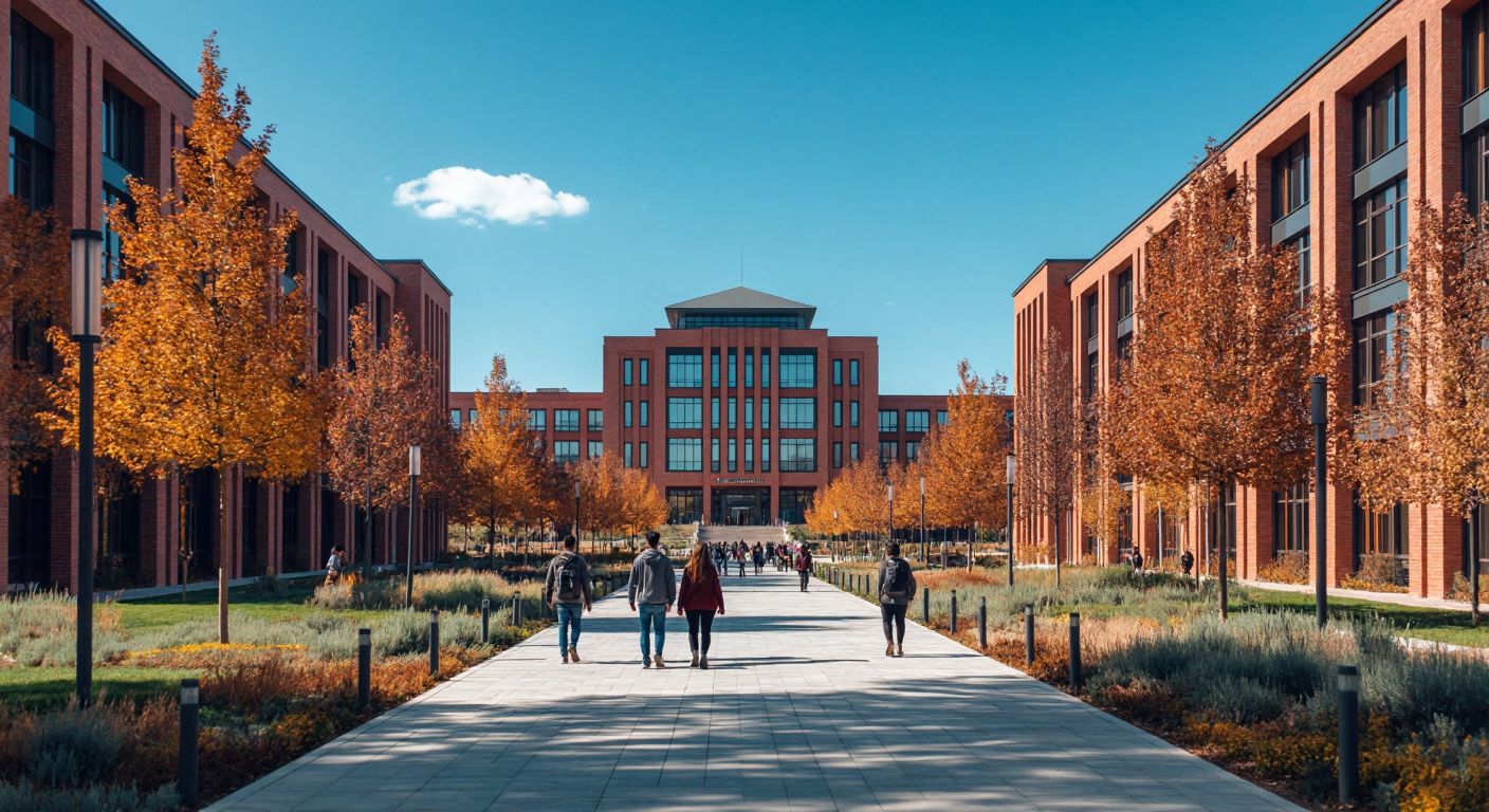 A modern university campus in Ankara with red-brick academic buildings, tree-lined pathways, and students walking toward a prominent administrative building under a clear blue sky.