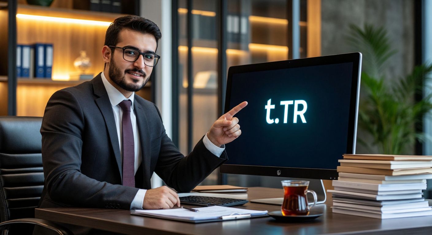 A Turkish businessperson in a modern office, confidently pointing at a glowing ".tr" domain name displayed on a sleek computer monitor, with stacks of legal documents and a steaming cup of Turkish coffee on the desk.
