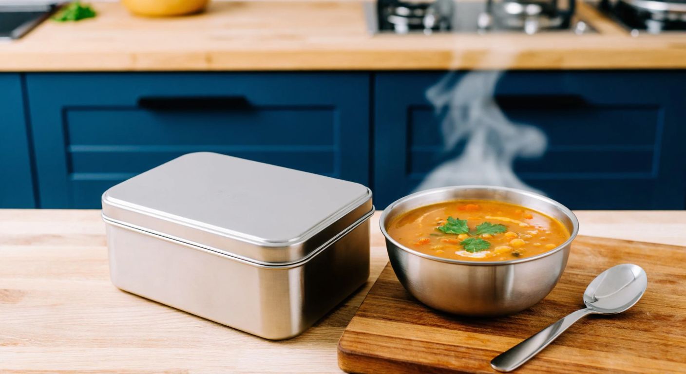 A sturdy stainless steel lunchbox with a tight-sealing lid, resting on a wooden kitchen counter beside a steaming bowl of Turkish lentil soup, evoking warmth and practicality.