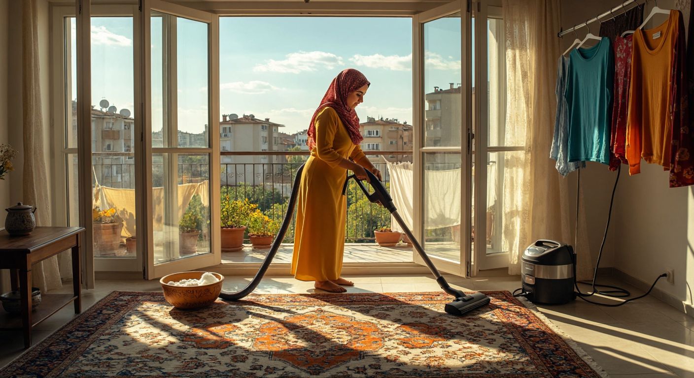 A Turkish woman in a sunlit home vigorously vacuums a patterned rug with a HEPA-filter vacuum while fresh laundry dries on a balcony clothesline, surrounded by open windows and a bowl of baking soda nearby.