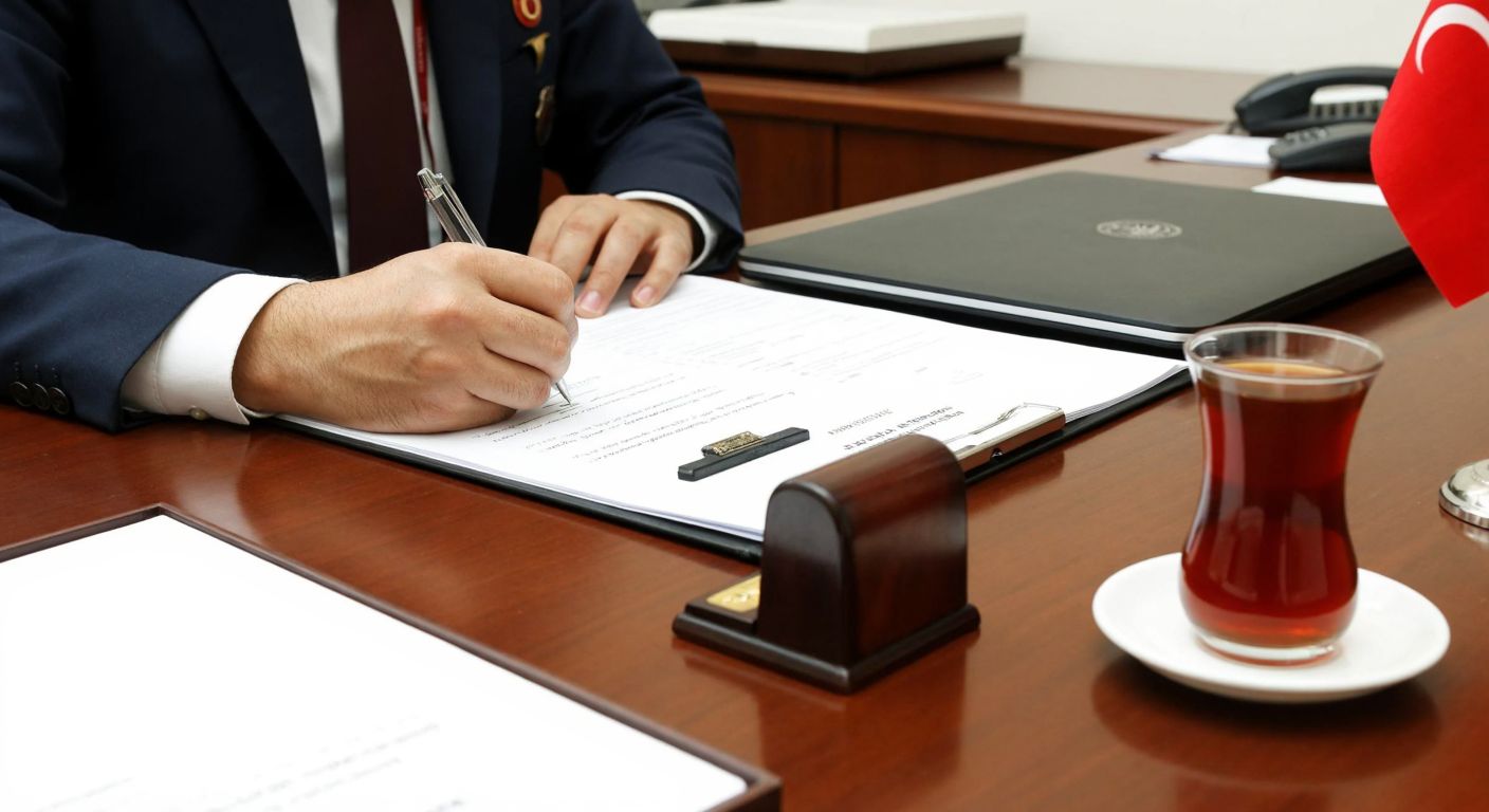 A customs officer in a Turkish government office carefully stamps and signs a document on a cluttered wooden desk, with a steaming cup of çay beside it.