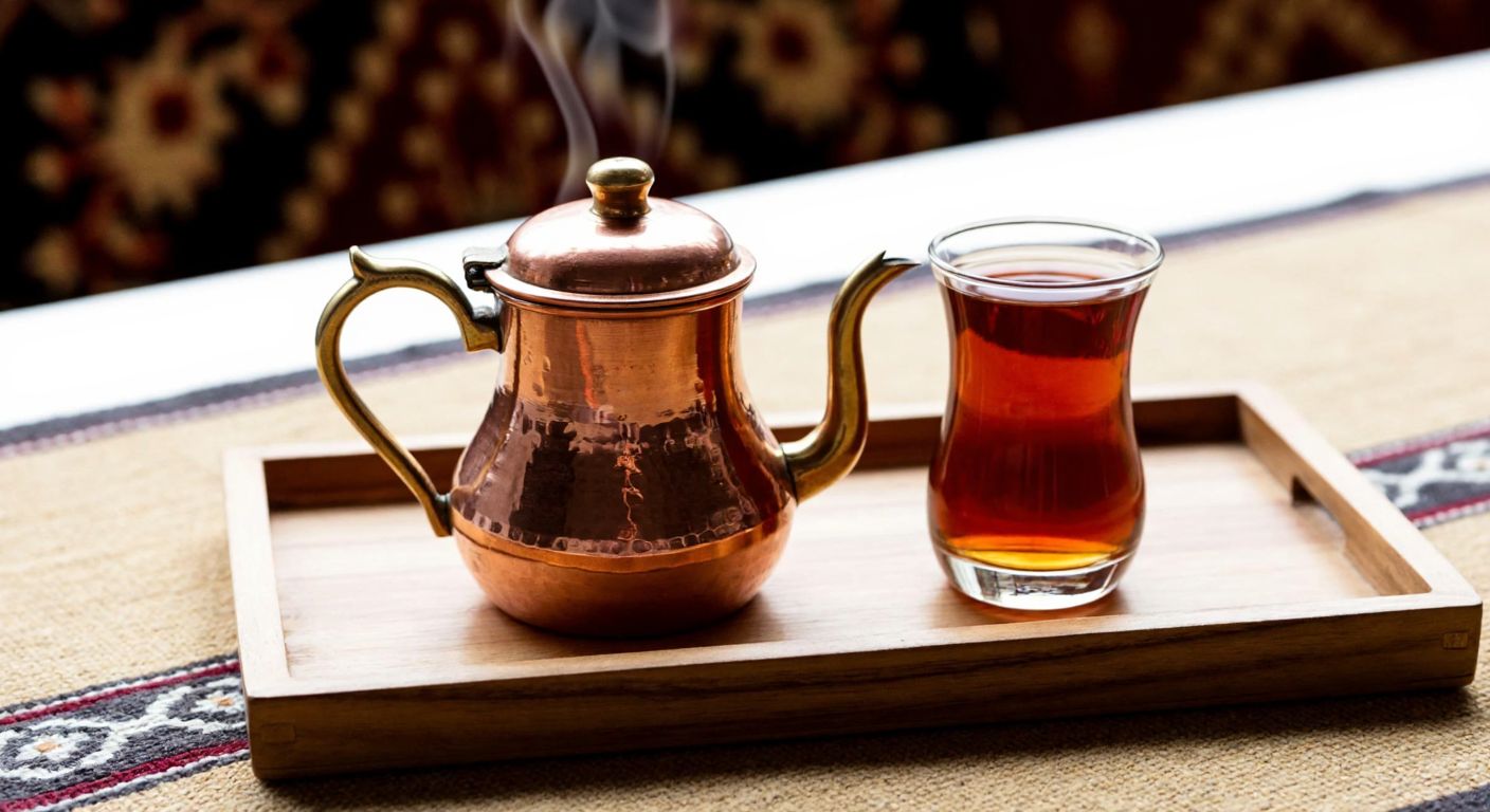 A small copper Turkish teapot with a curved spout and a single handle, steaming on a wooden tray beside a delicate tulip-shaped glass filled with amber tea, set against a traditional woven tablecloth.