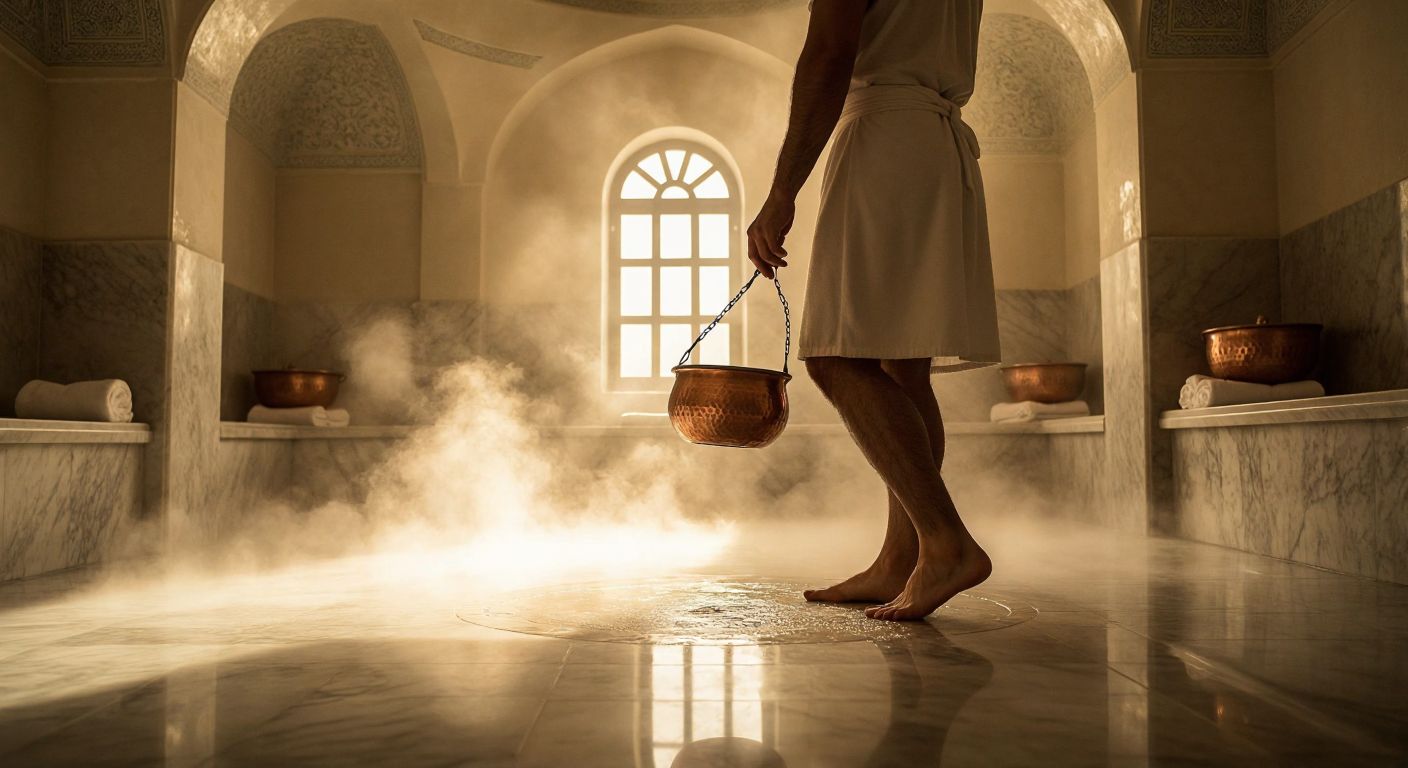 A traditional Turkish hamam with steam rising from warm marble floors, a person carefully stepping barefoot while holding a copper bowl, surrounded by soft light filtering through small domed windows.