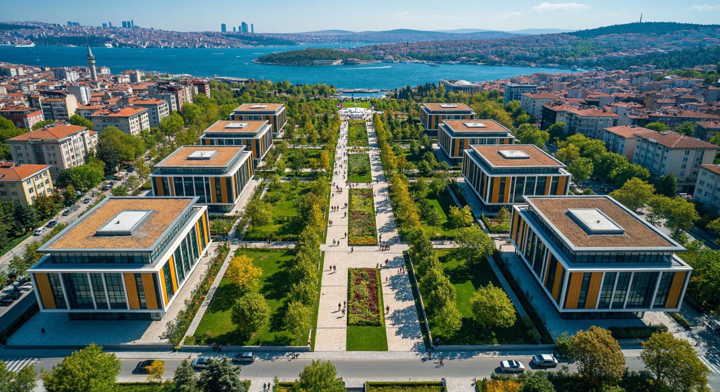 A vibrant aerial view of Istanbul showing four distinct university campuses with modern buildings, green spaces, and students walking between them, set against the backdrop of the Bosphorus.
