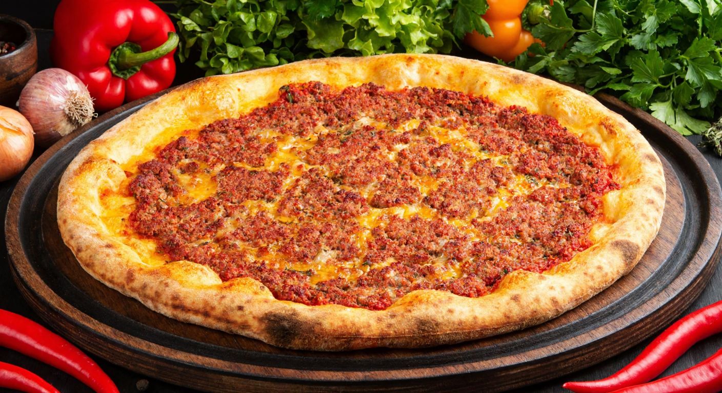 A golden, crispy lahmacun with minced meat and spices, freshly baked in a traditional Gaziantep stone oven, surrounded by vibrant red peppers and fresh herbs.