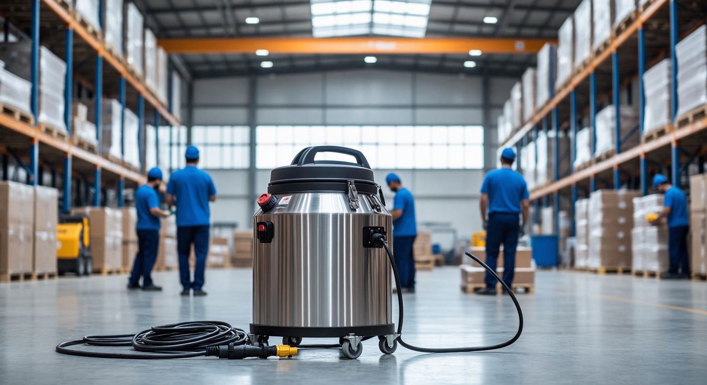 A sleek industrial steam cleaner with a polished metal finish, placed in a bright Turkish warehouse with workers in blue uniforms inspecting its parts.