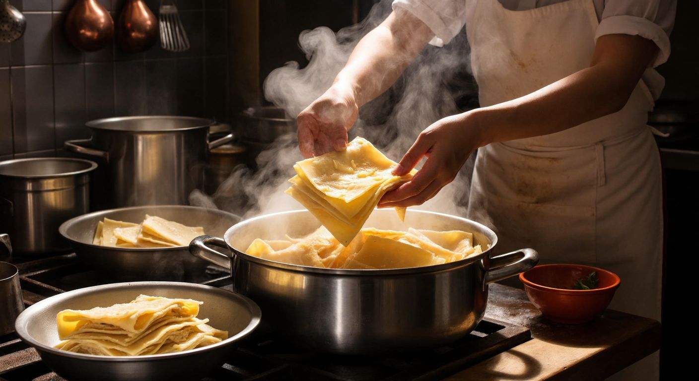 A Turkish kitchen with a steaming pot of boiling water, lasagna sheets being carefully dipped in by hands, and a bowl of cold water nearby with freshly boiled sheets resting inside.