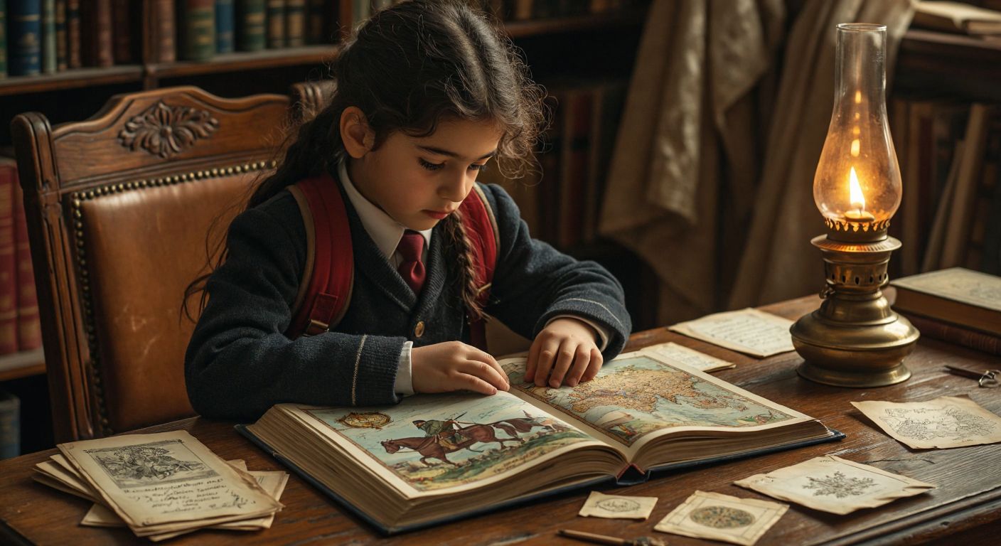 A young Turkish student in a school uniform sits at a wooden desk, intently studying an open history textbook with illustrations of Ottoman warriors and a miniature-style map of Anatolia, surrounded by scattered notes and a flickering oil lamp.