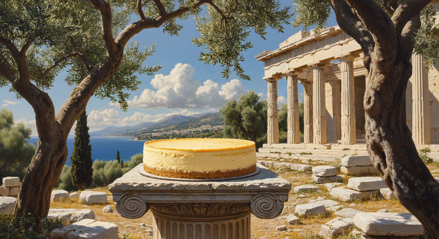 A golden cheesecake sits on a weathered stone pedestal under a Mediterranean sun, surrounded by olive trees and marble ruins, with an ancient Greek athlete reaching for a slice.