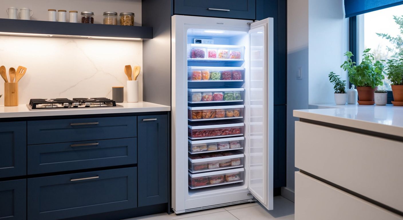 A modern white freezer with five drawers sits in a bright Turkish kitchen, its digital display subtly glowing at -18°C while neatly stacked frozen food packages peek through the slightly open drawers.