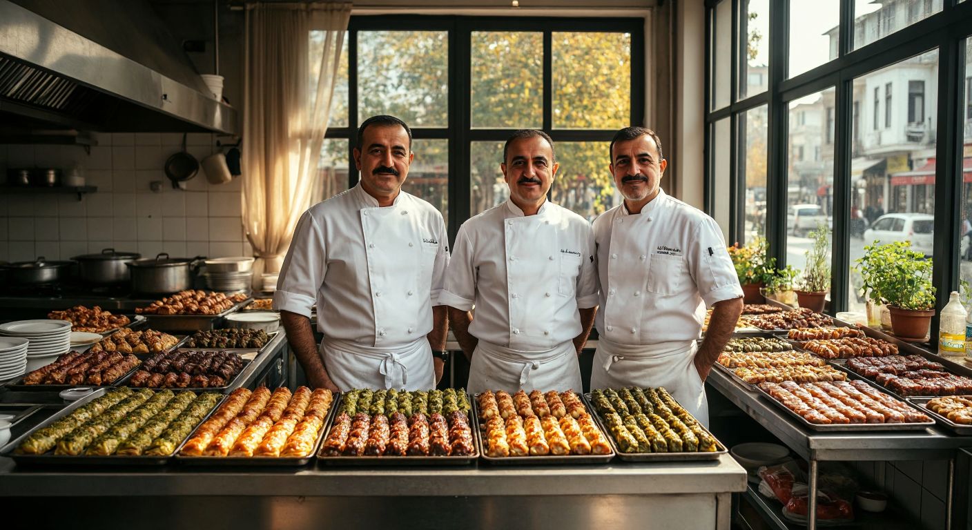 Two middle-aged Turkish men in crisp white chef uniforms stand proudly in a bustling commercial kitchen in Istanbul, surrounded by trays of freshly prepared baklava and kebabs, with warm sunlight streaming through large windows.
