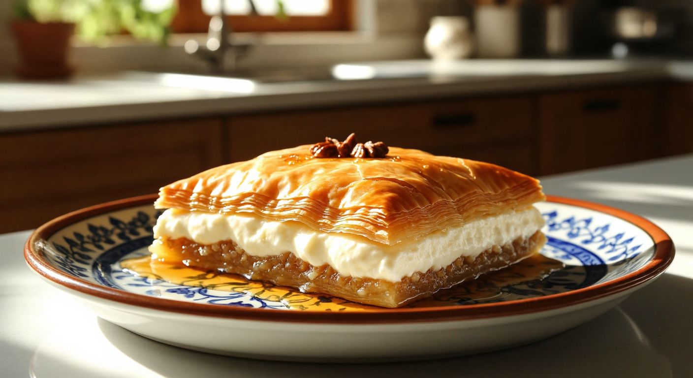 A golden, flaky baklava layered with creamy white **irmik kaymağı**, drizzled with syrup, resting on a traditional Turkish ceramic plate with a warm, sunlit kitchen in the background.
