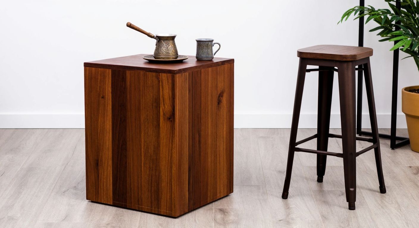 A wooden coffee table with a traditional Turkish coffee set and a bar stool beside it, symbolizing the first meaning of BSST (bar tabure yan sehpa), while a sleek modern building in the background hints at the technological interpretations.