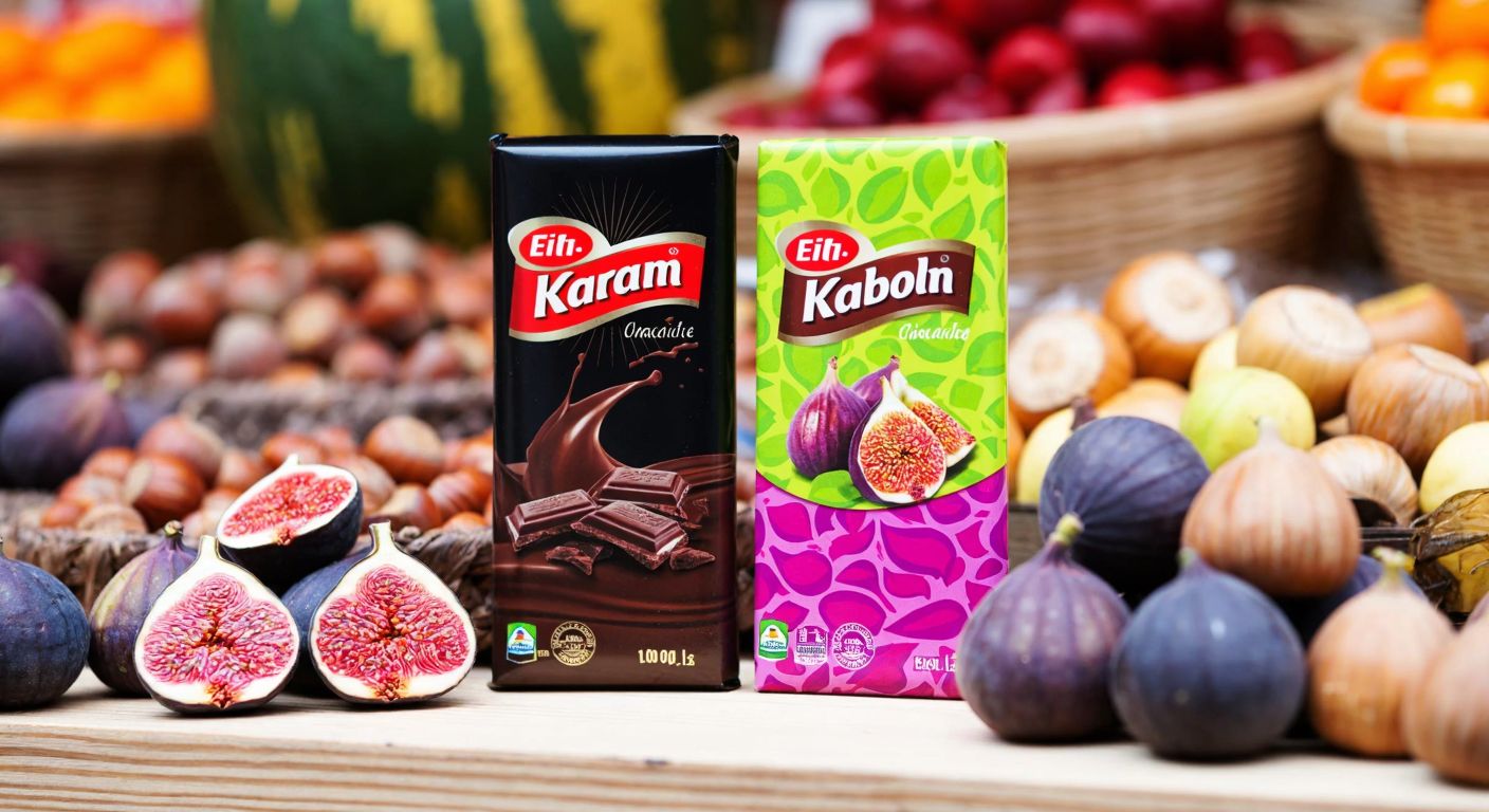A vibrant Turkish market scene with two distinct chocolate bars—one wrapped in Eti Karam’s signature dark packaging and the other in Mabel’s colorful design—placed side by side on a wooden stall, surrounded by fresh figs and hazelnuts.