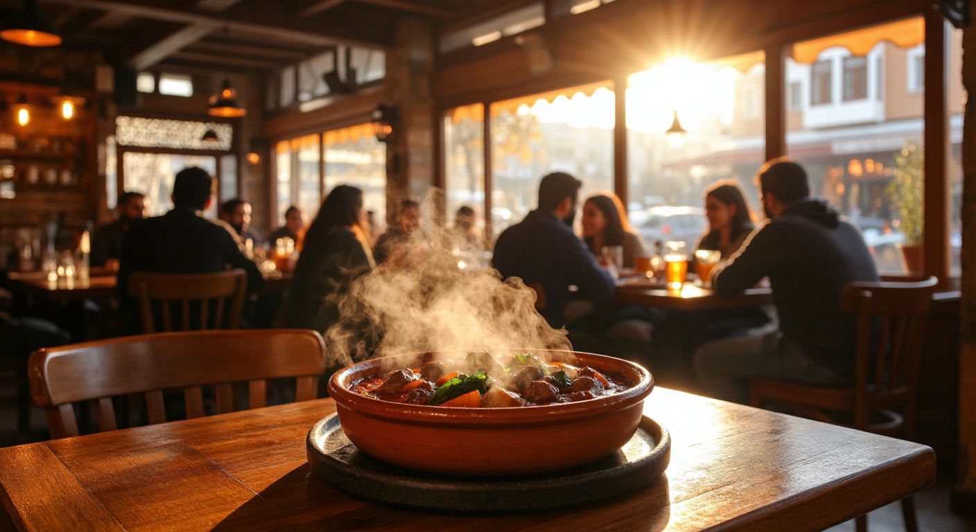 A warm, bustling Turkish restaurant with a clay güveç dish steaming on a wooden table, surrounded by smiling patrons in modest attire, under soft amber lighting.