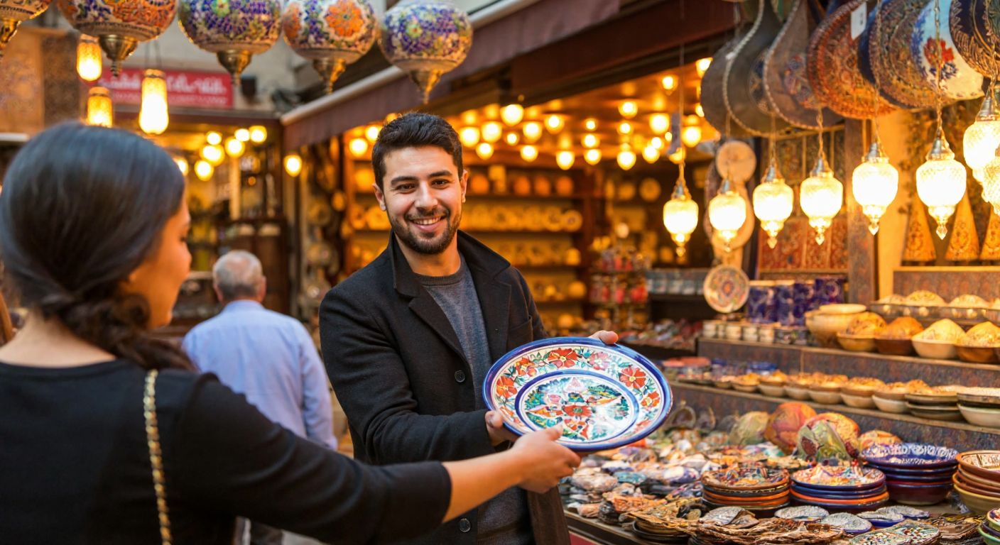 A vibrant Turkish bazaar scene with a smiling vendor holding out a colorful ceramic plate while a customer reaches for their wallet, surrounded by shelves of handcrafted goods and the warm glow of hanging lanterns.