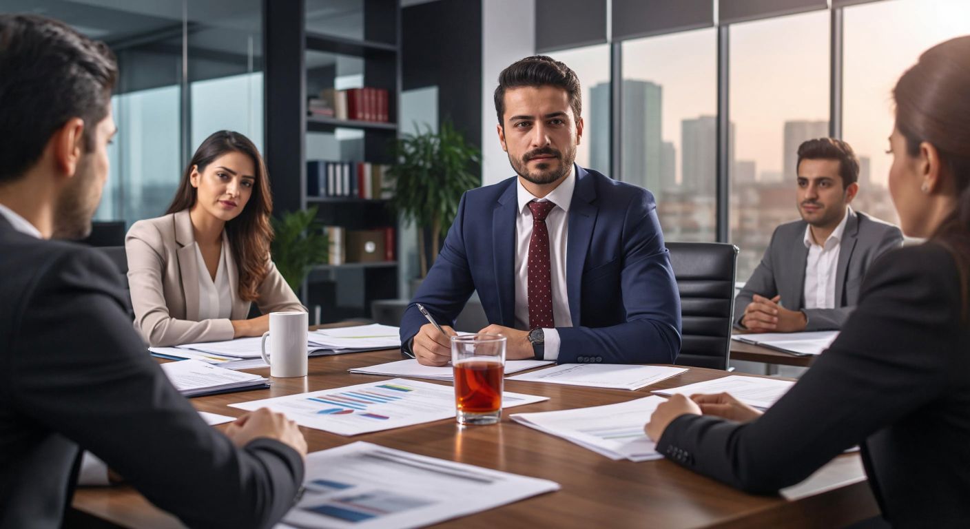 A well-dressed Turkish professional in a modern office confidently leads a meeting, surrounded by attentive colleagues and stacks of organized documents, with a glass of çay on the table.