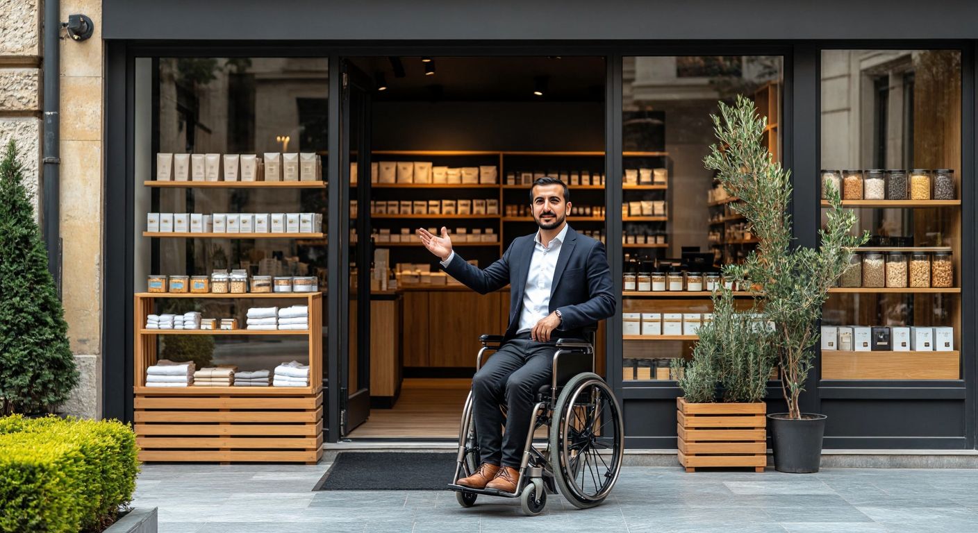 A Turkish businessman in a suit stands in front of a modern storefront with a wheelchair ramp, gesturing warmly toward shelves of neatly arranged products.