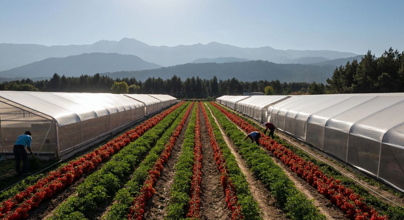 A sunlit row of greenhouses in Kepez, Antalya, with workers tending to vibrant rows of tomatoes and peppers, framed by the distant Taurus Mountains.