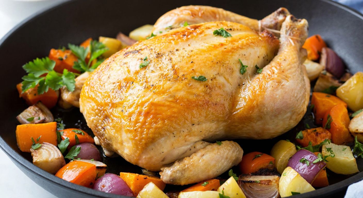A golden-brown roasted boneless chicken thigh resting on a bed of colorful vegetables, with a drizzle of olive oil and a sprinkle of fresh herbs, evoking warmth and savory aroma.