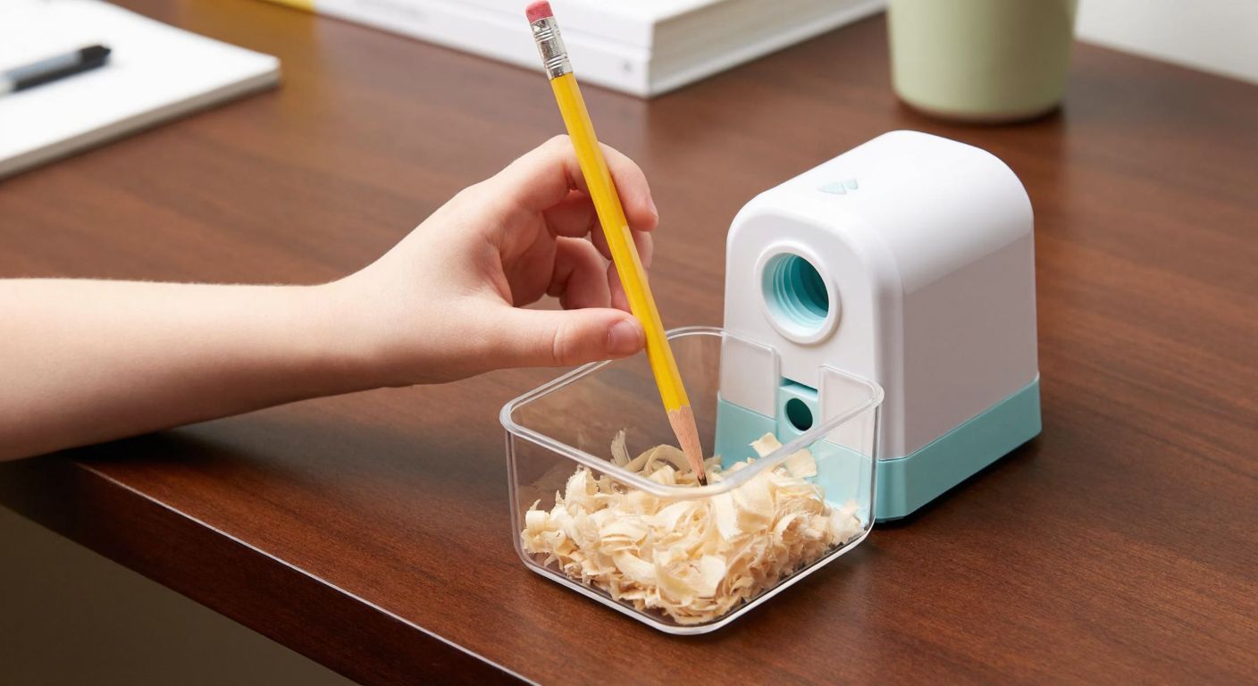 A child’s hand carefully inserts a yellow pencil into a small white electric sharpener on a wooden desk, with wood shavings spilling into a transparent tray below.