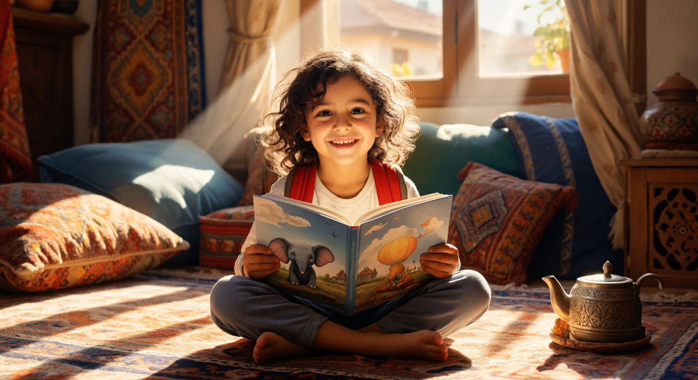A smiling Turkish child, around 7 years old, sitting cross-legged on a colorful rug, holding an open book with a playful illustration of a tiny elephant peeking out of a backpack, surrounded by warm sunlight and a cozy room with traditional Turkish cushions.