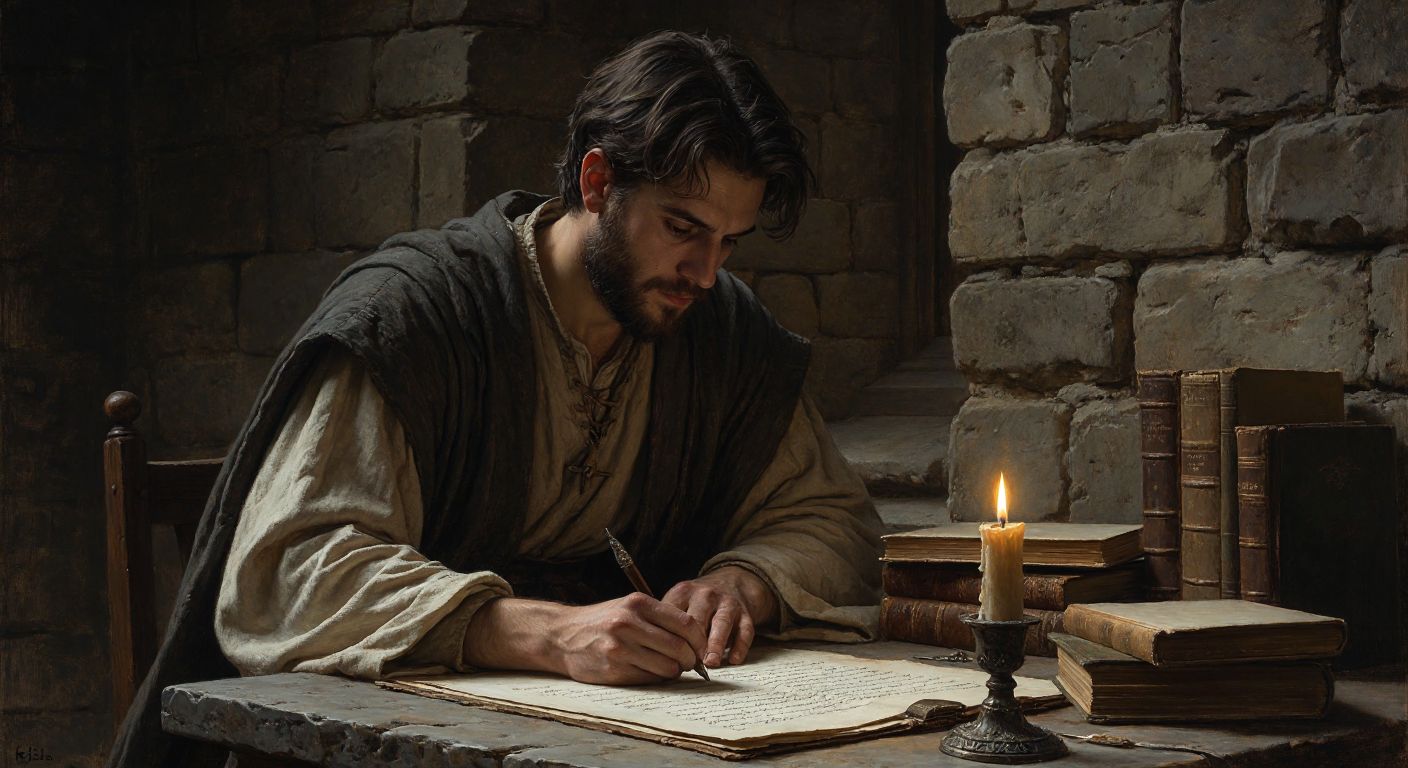 A medieval scholar in a dimly lit stone-walled study, wearing a simple robe, intently writing with a quill by candlelight, surrounded by ancient books and scrolls.