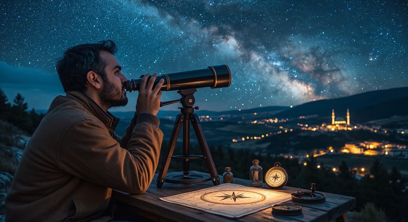 A Turkish astronomer in a dark field gazes through a telescope at a starry sky, with a compass and a celestial map beside them, embodying curiosity and precision.