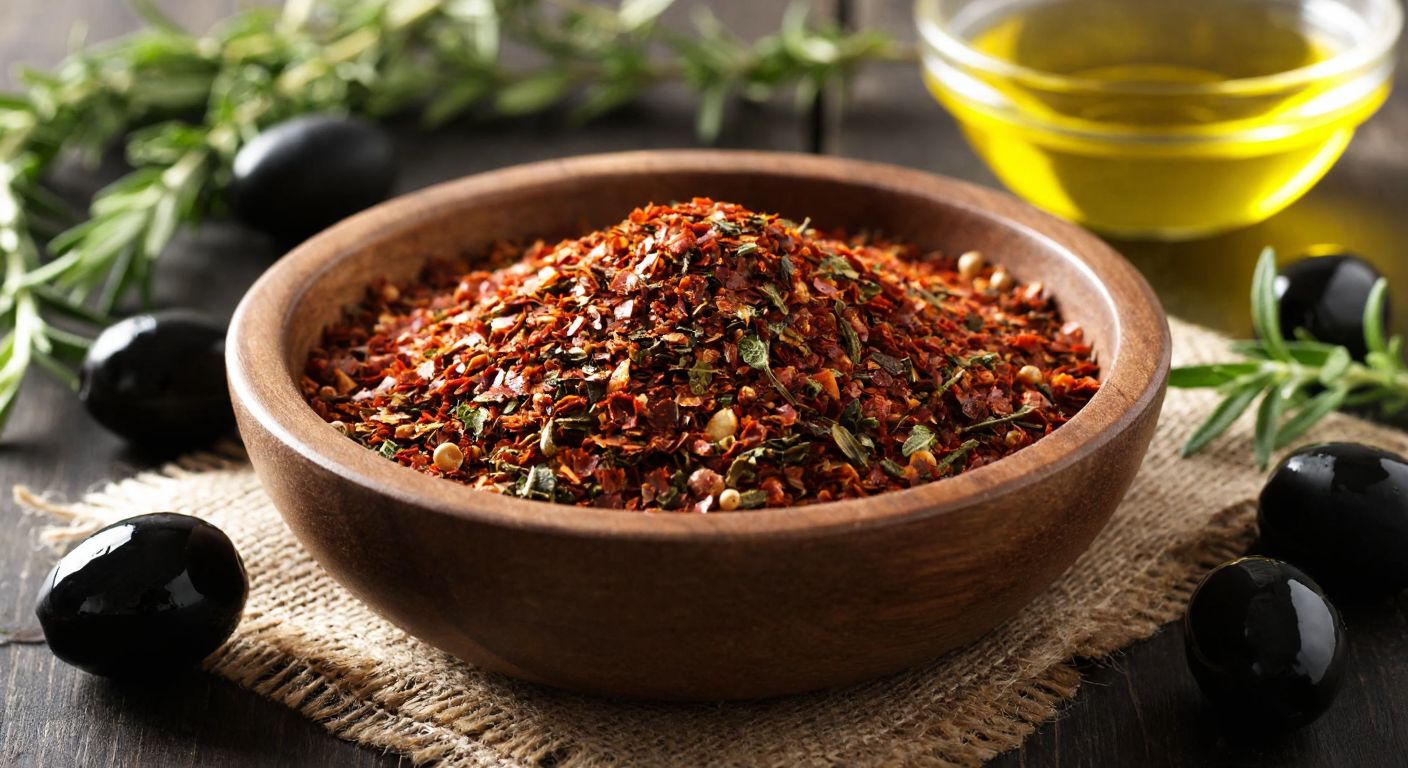 A rustic wooden bowl filled with a fragrant blend of crushed red pepper flakes, dried mint, thyme, and rosemary, surrounded by fresh olives and a drizzle of golden olive oil.