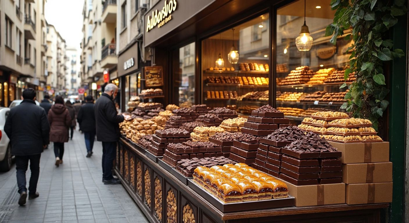 A bustling street in Gaziantep's Şehitkamil district, with a warmly lit Abuşoğlu Çikolata shop displaying rows of rich, golden-brown baklava and stacks of chocolate bars, surrounded by the aroma of roasted pistachios and happy customers savoring treats.