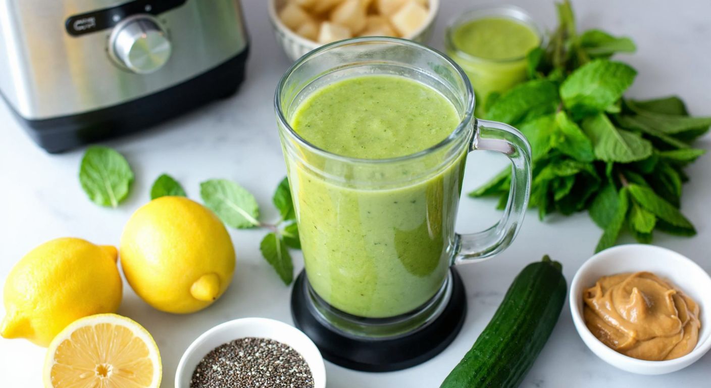 A vibrant Turkish kitchen counter displays a blender filled with a bright green smoothie (spinach, apple, cucumber), surrounded by fresh ingredients like lemons, mint leaves, chia seeds, and a small bowl of peanut butter, evoking health and freshness.
